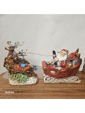 Vintage Costco Porcelain Hand-crafted Santa Sleigh 2-Piece Set